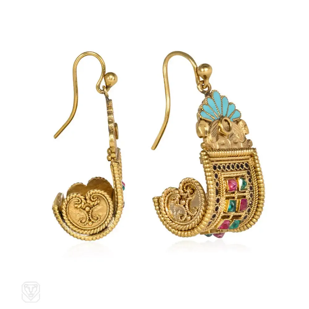 Antique gold, enamel and multigem earrings