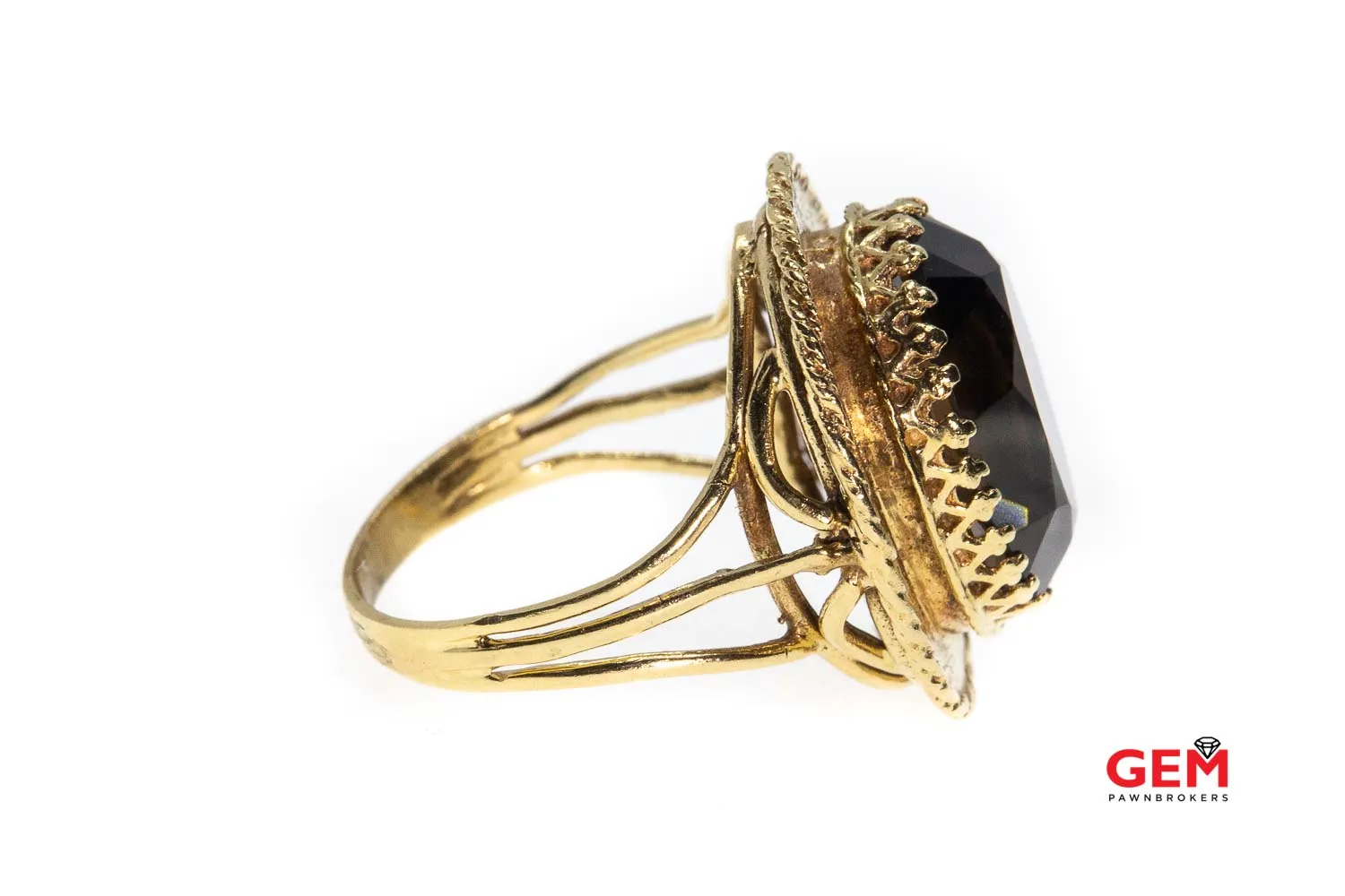Antique Yellow Gold Rope Accent Smoky Quartz Cocktail Ring Size 10
