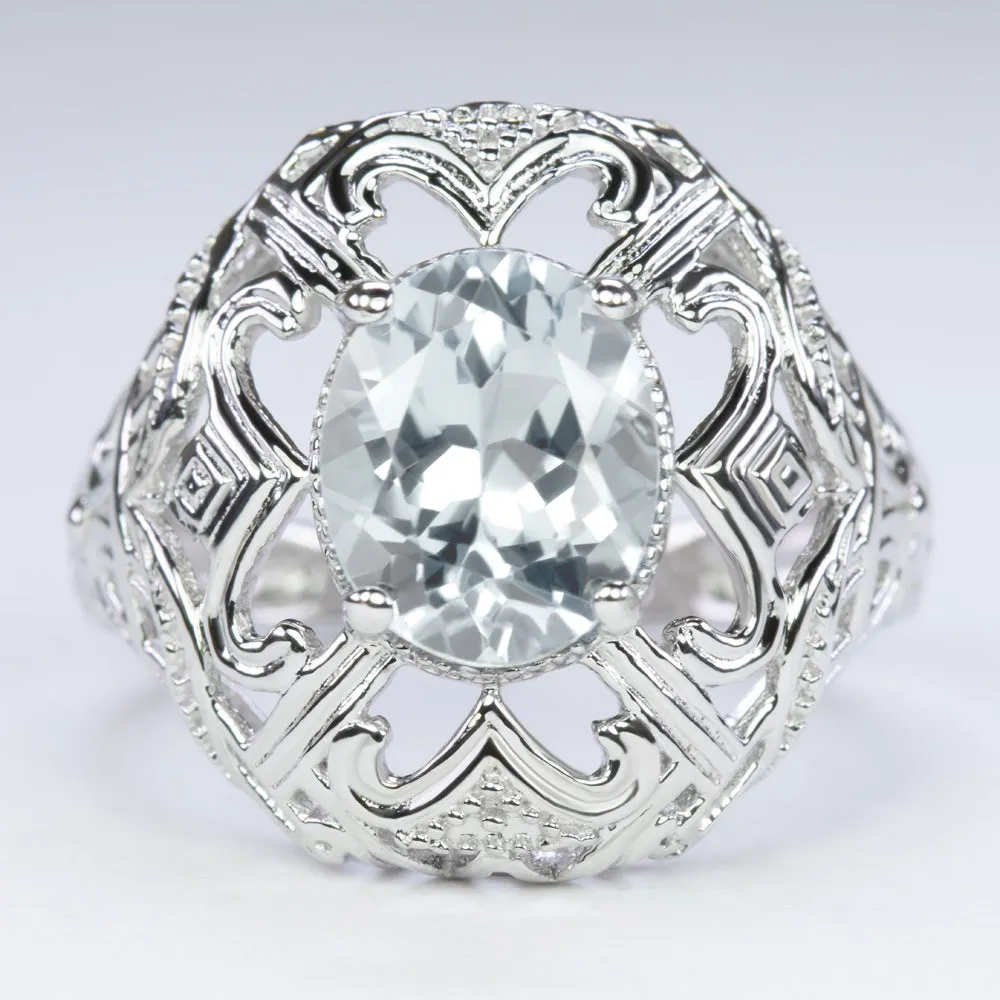 AQUAMARINE STERLING SILVER RING VINTAGE STYLE OVAL GEMSTONE FILIGREE COCKTAIL