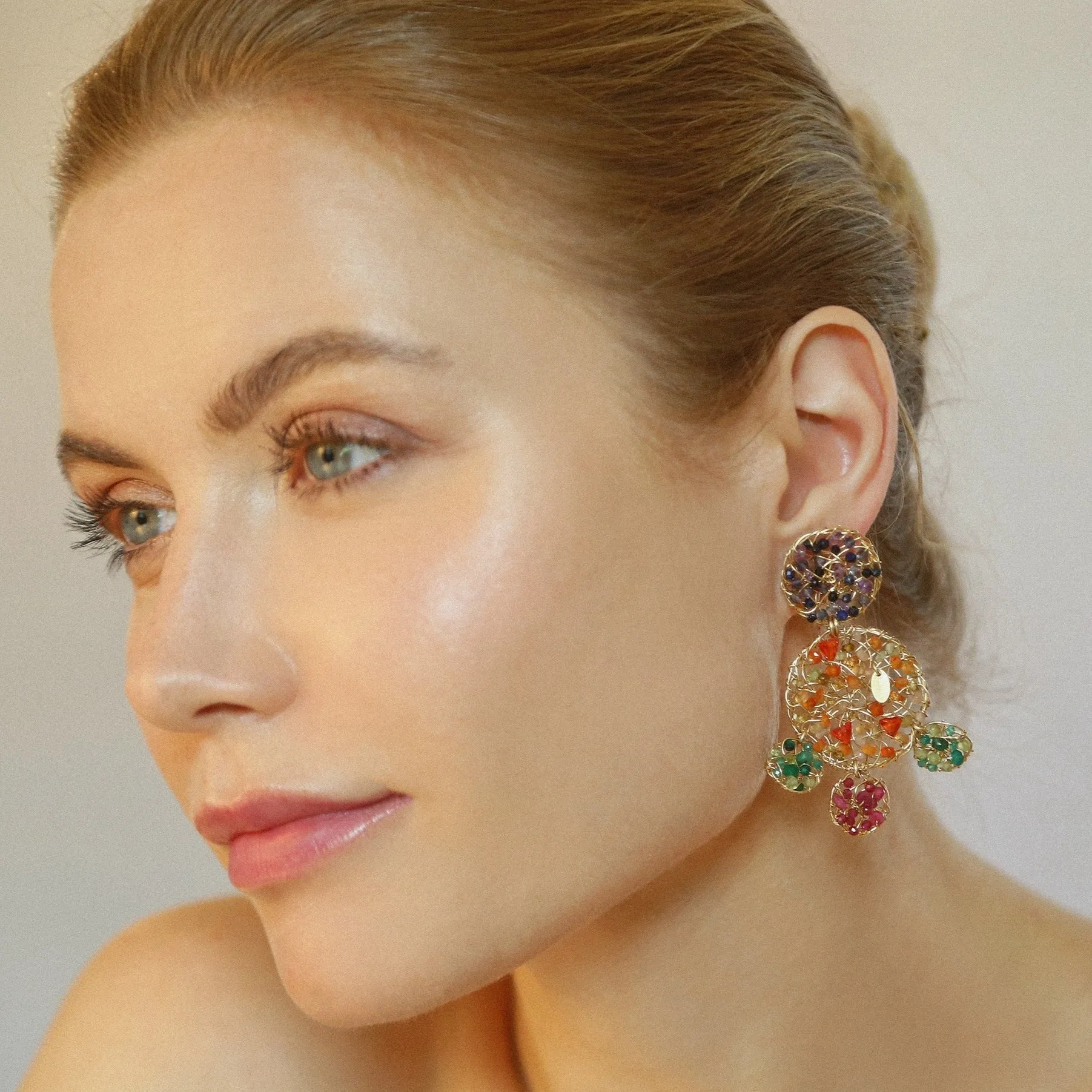 Aura Earrings #3 - Dark Blue, Red, Green, Yellow & Orange Gems Mix