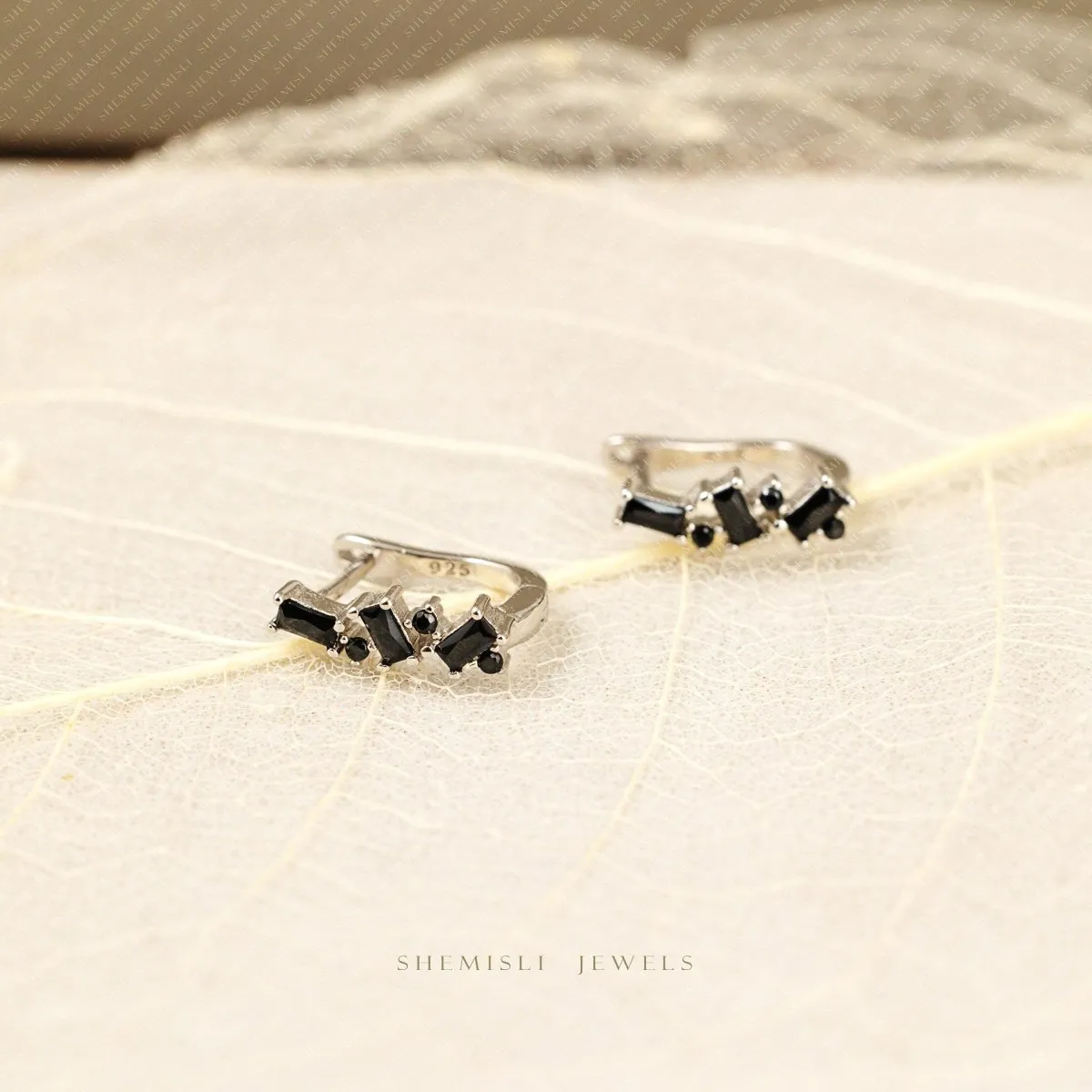 Baguette Abstract Black CZ Hoops, Gold, Silver SHEMISLI SH352 LR