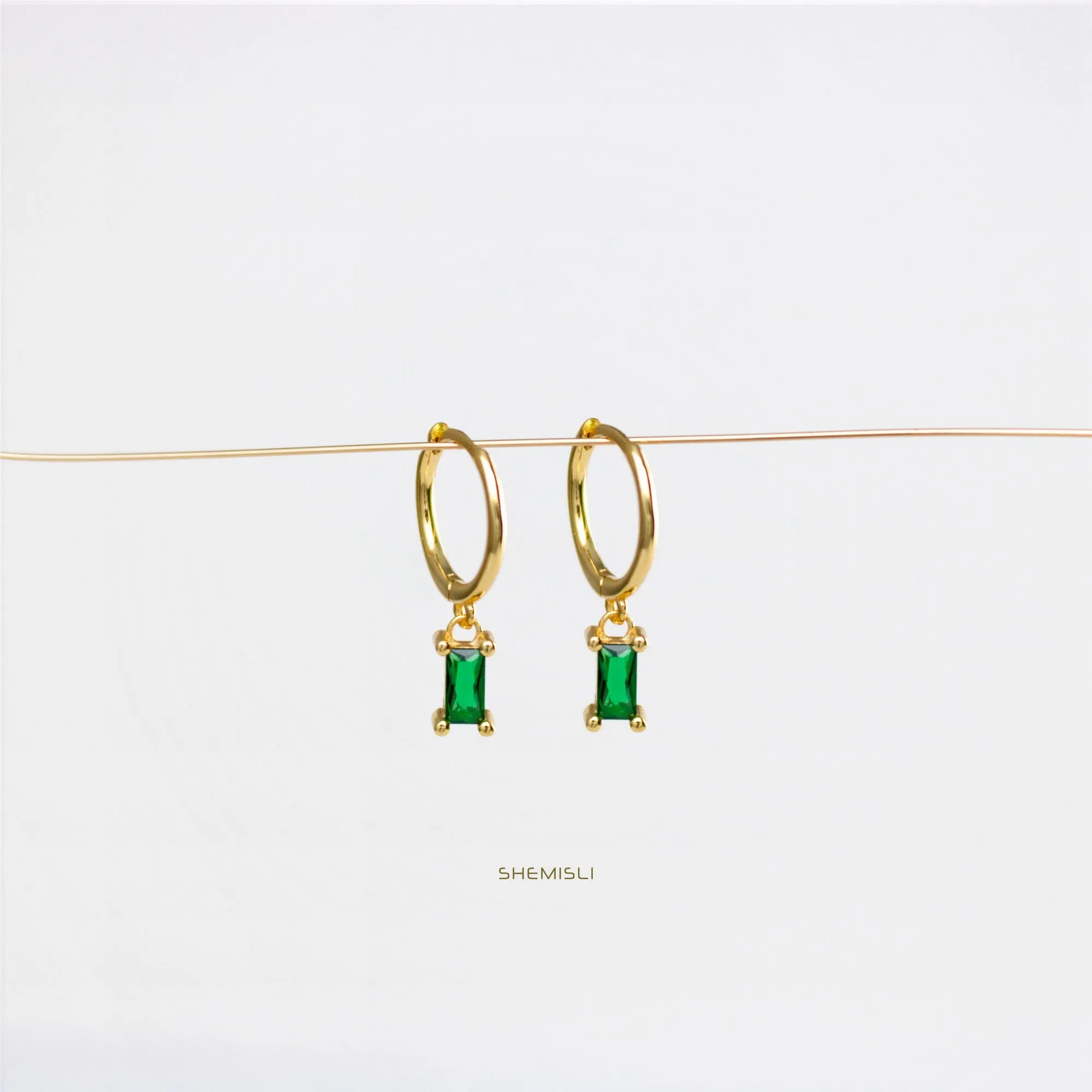 Baguette CZ Drop Hoop Earrings, White, Emerald, Turquoise, Sapphire, Black, Huggies, Unisex, Gold, Silver SH071, SH072, SH125, SH313, SH314