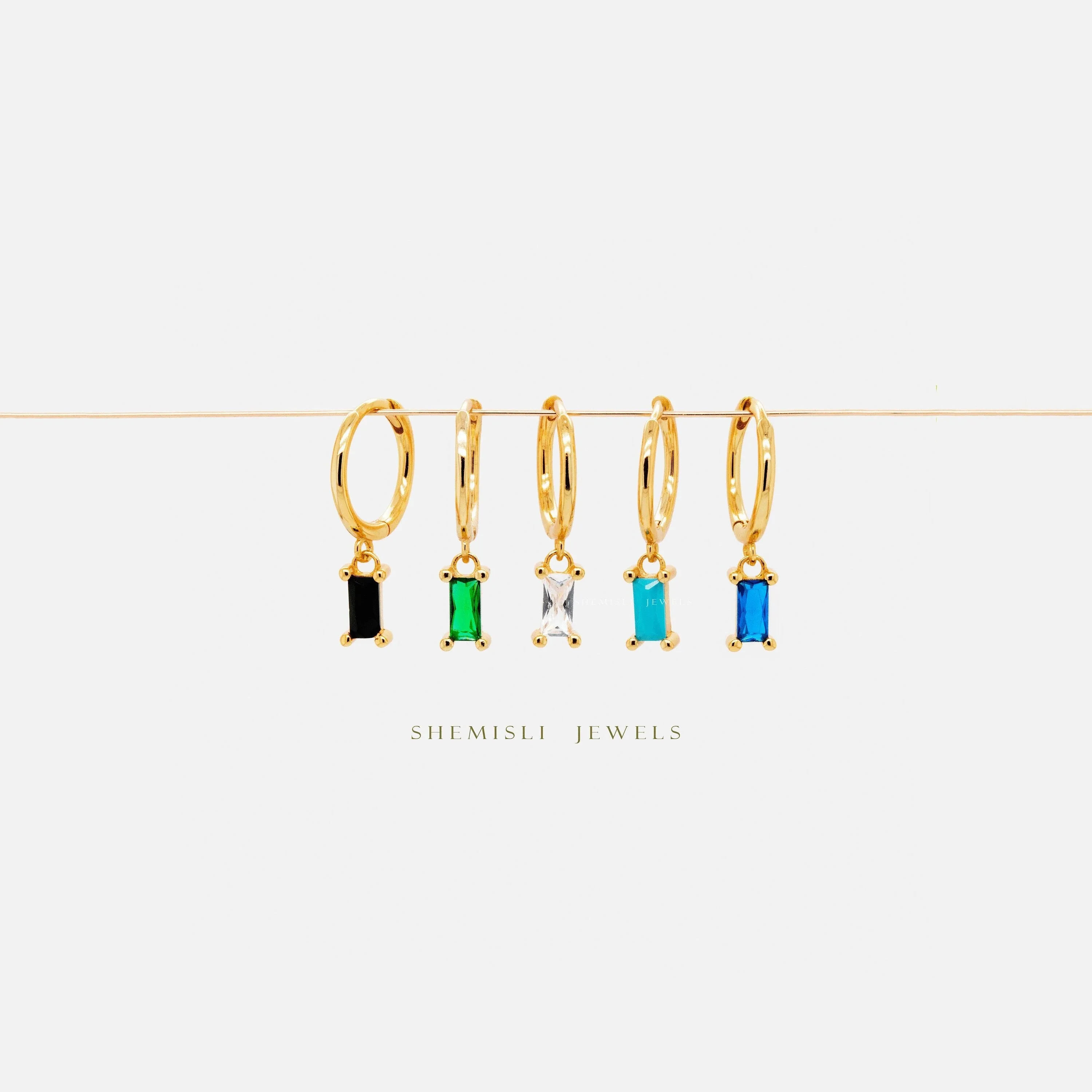 Baguette CZ Drop Hoop Earrings, White, Emerald, Turquoise, Sapphire, Black, Huggies, Unisex, Gold, Silver SH071, SH072, SH125, SH313, SH314