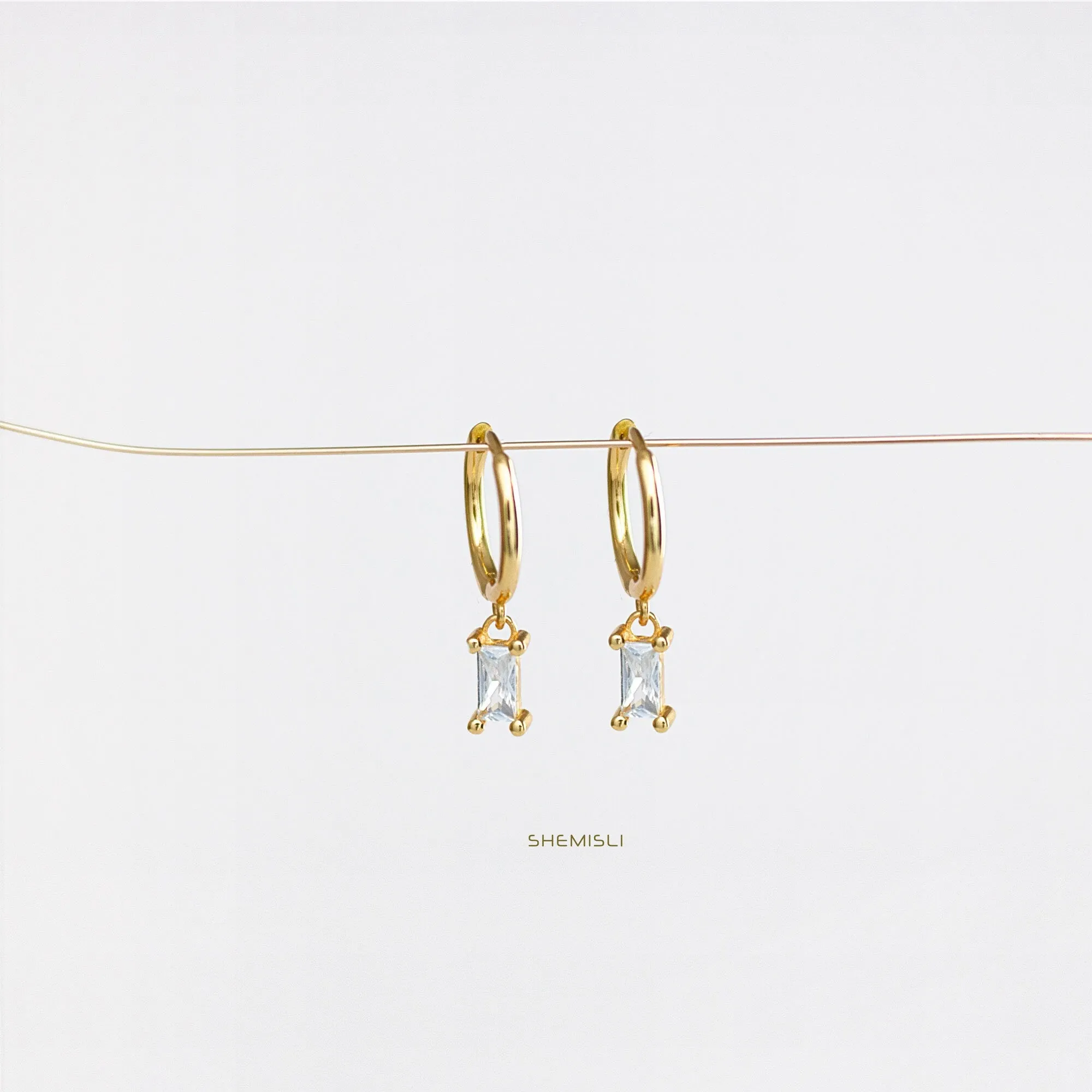 Baguette CZ Drop Hoop Earrings, White, Emerald, Turquoise, Sapphire, Black, Huggies, Unisex, Gold, Silver SH071, SH072, SH125, SH313, SH314