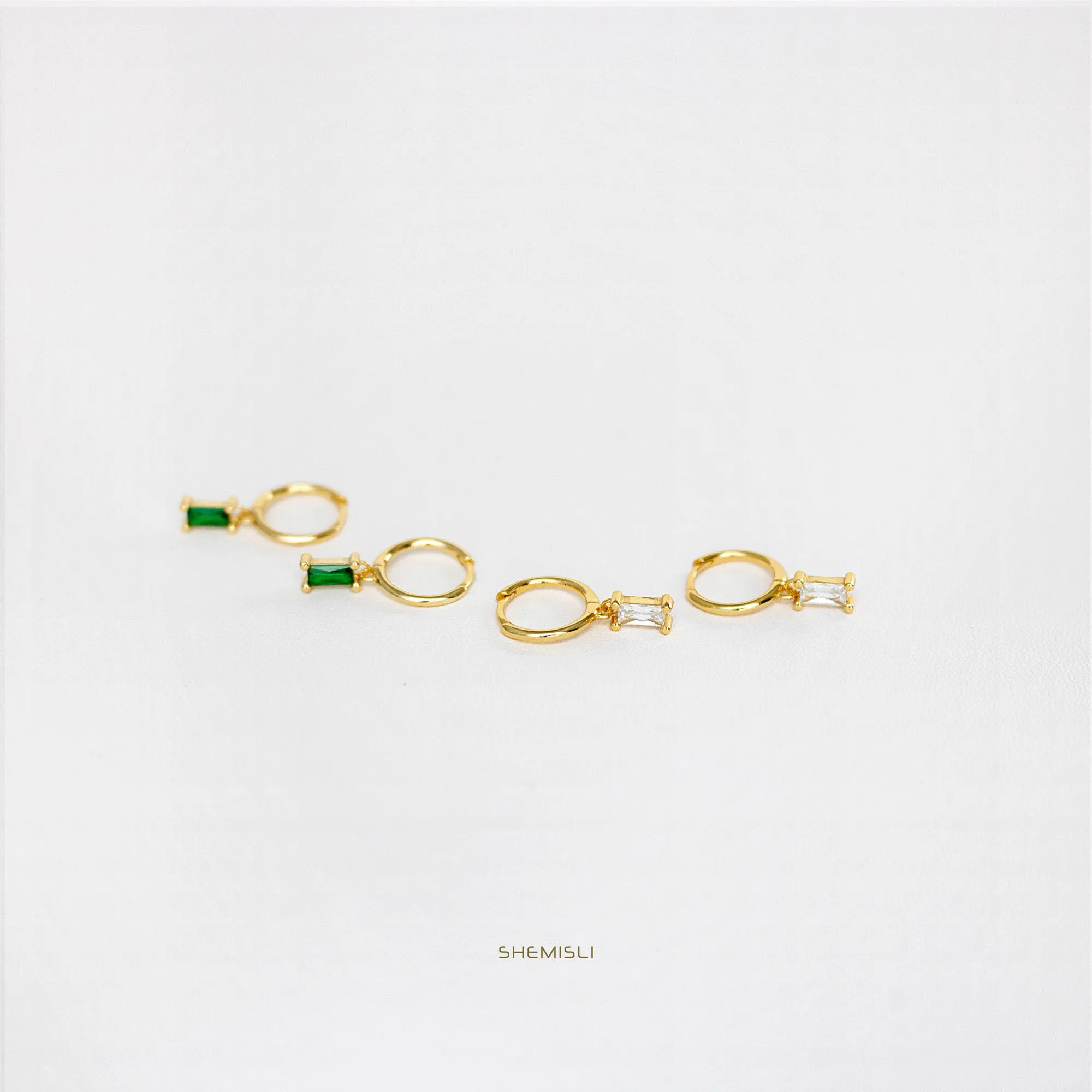 Baguette CZ Drop Hoop Earrings, White, Emerald, Turquoise, Sapphire, Black, Huggies, Unisex, Gold, Silver SH071, SH072, SH125, SH313, SH314