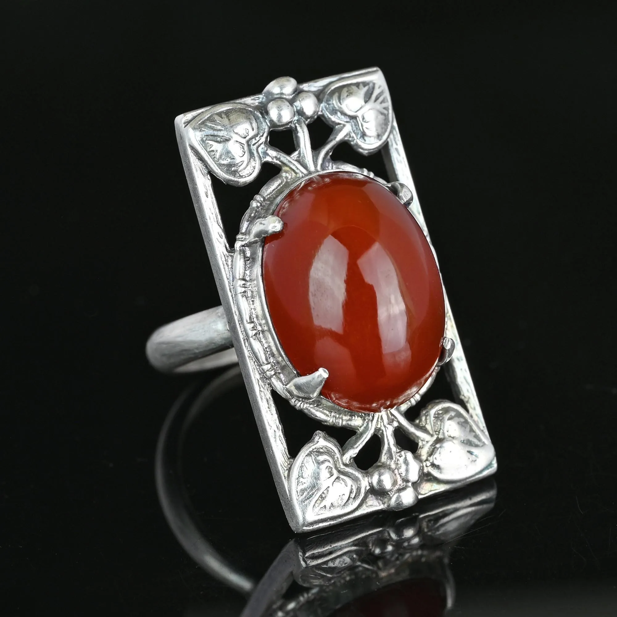Berry and Leaf Arts & Crafts Silver Cabochon Carnelian Ring