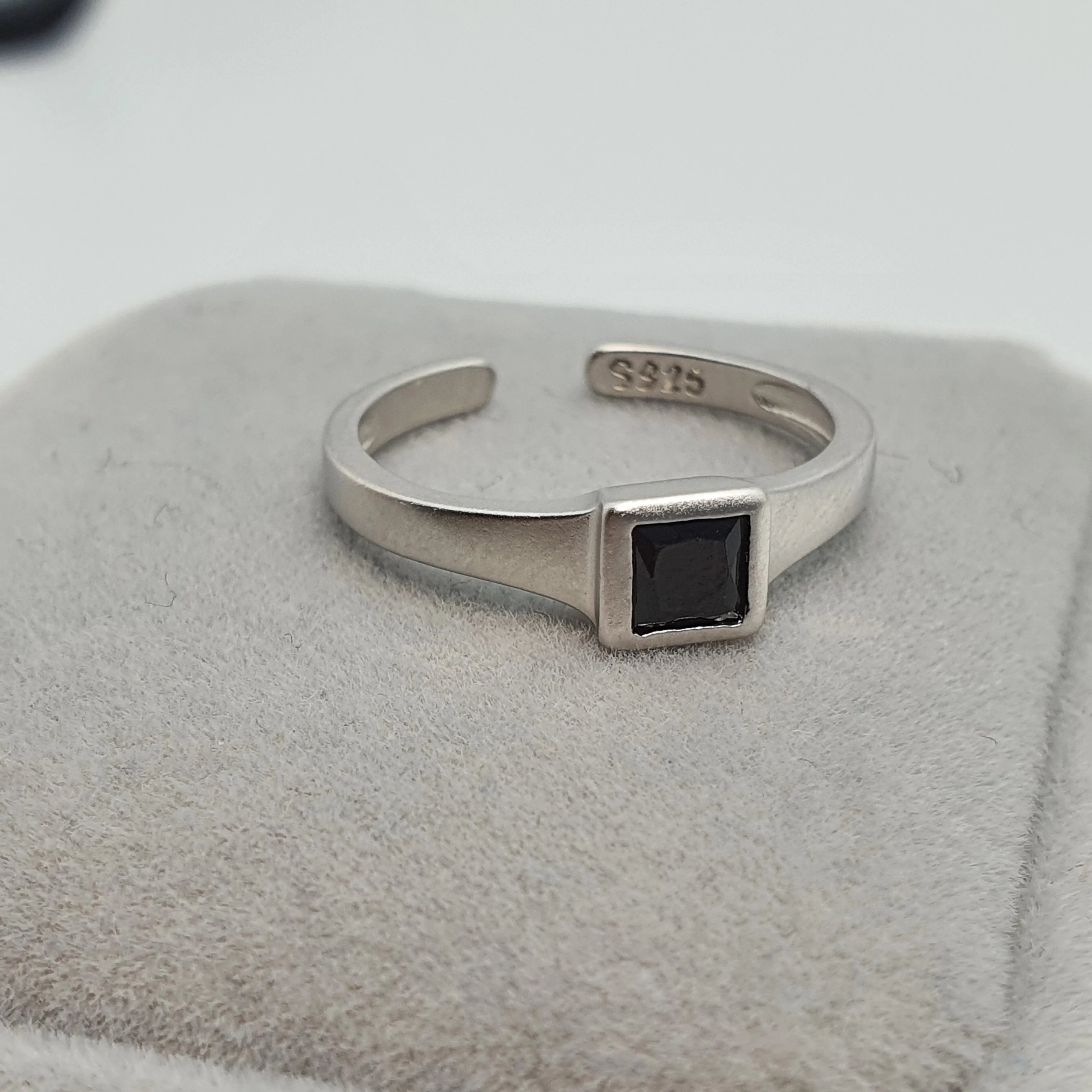 Black Square Onyx Open Ring, Sterling Silver