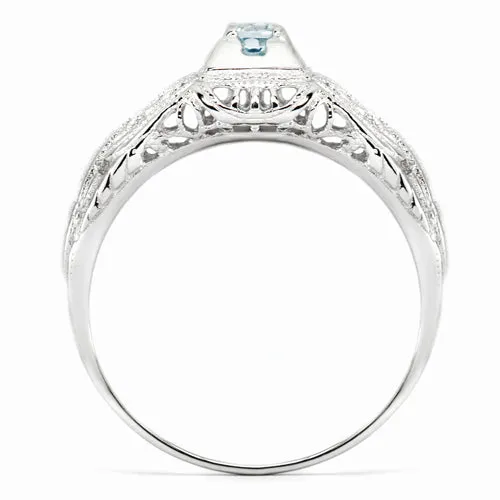 BLUE AQUAMARINE STERLING SILVER VINTAGE STYLE COCKTAIL RING FILIGREE PROMISE