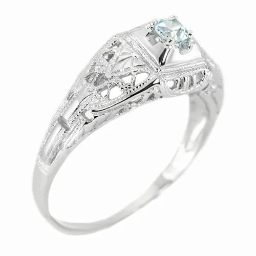 BLUE AQUAMARINE STERLING SILVER VINTAGE STYLE COCKTAIL RING FILIGREE PROMISE