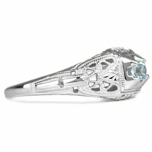 BLUE AQUAMARINE STERLING SILVER VINTAGE STYLE COCKTAIL RING FILIGREE PROMISE