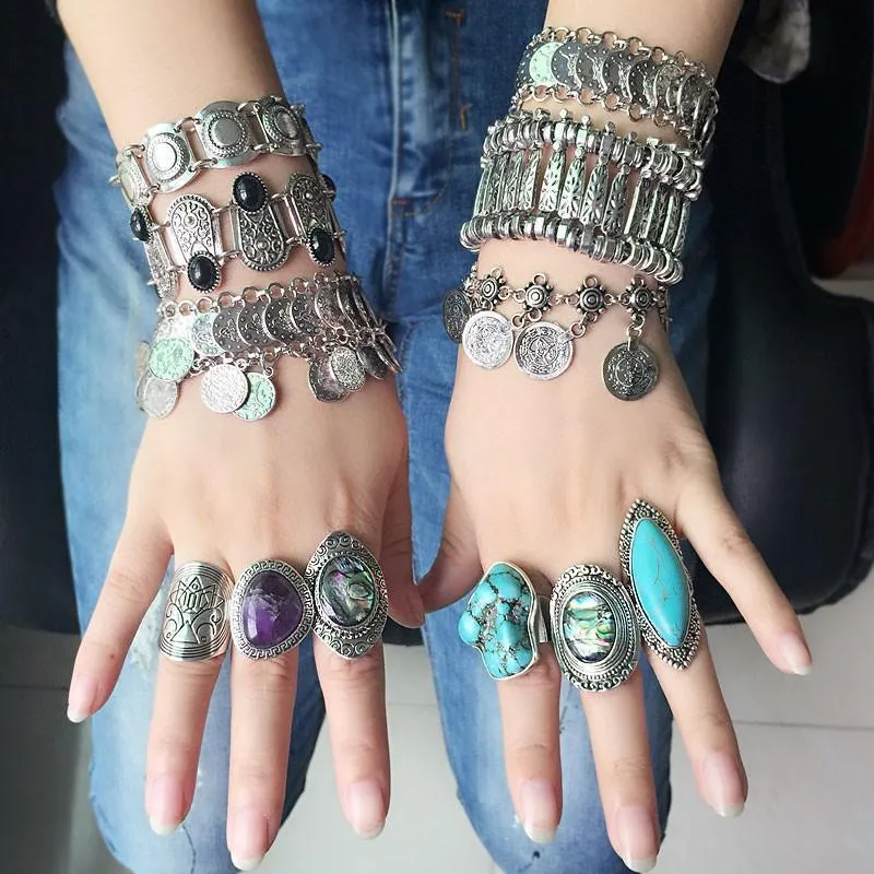 Bohemia Green Stone Vintage Women Zinc Alloy Shell Jewelry Ring