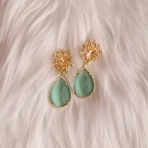 Branch Coral Brass Stud with Haloed Mint Cat's Eye Quartz Detachable Dangles