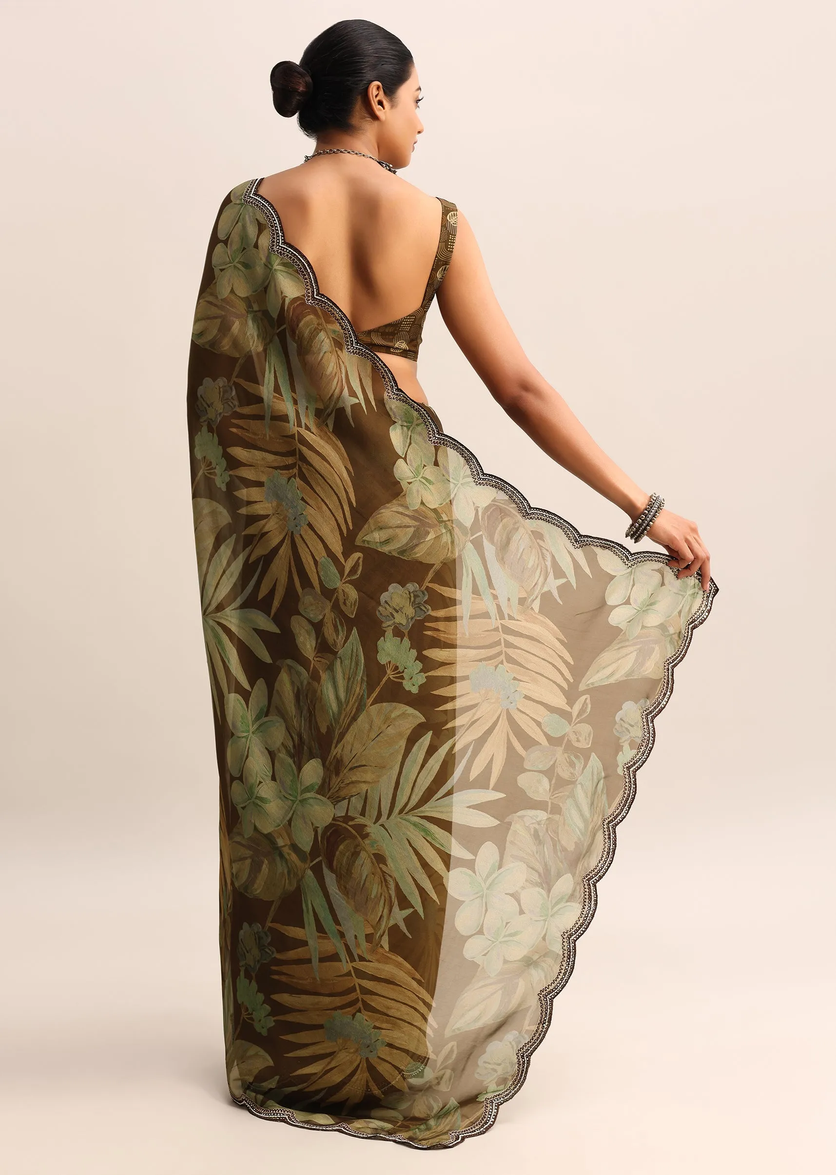 Brown Leaf Printed Soft Organza Saree With Embroidered Border