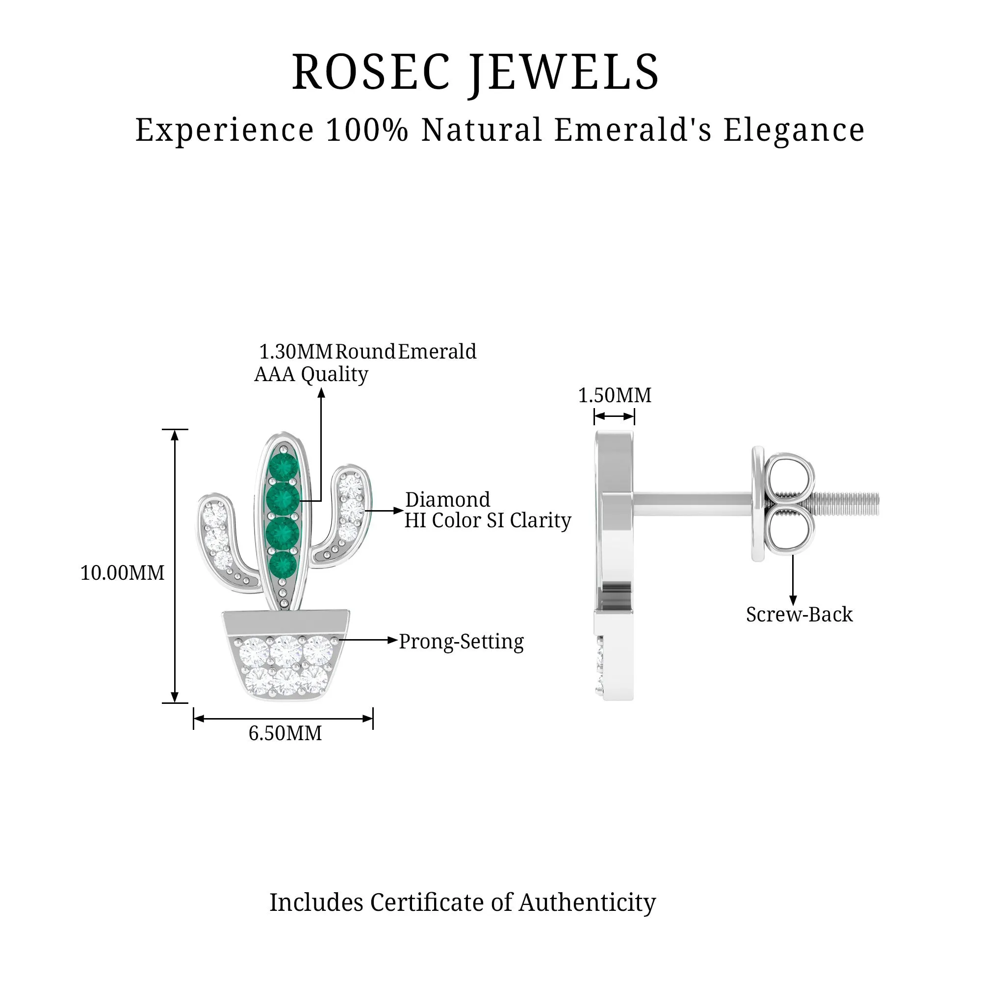 Cactus Stud Earrings with Emerald and Diamond Stones