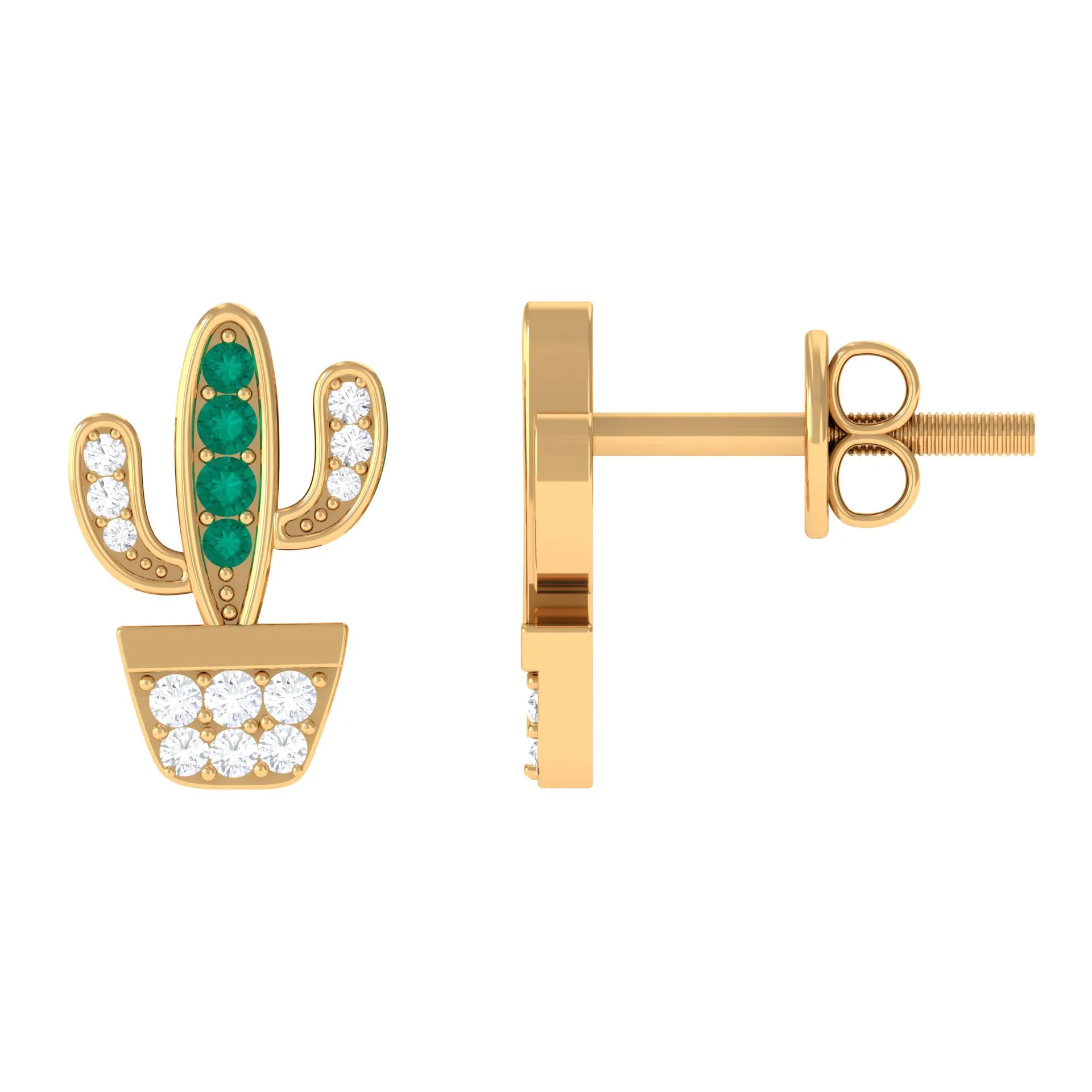 Cactus Stud Earrings with Emerald and Diamond Stones