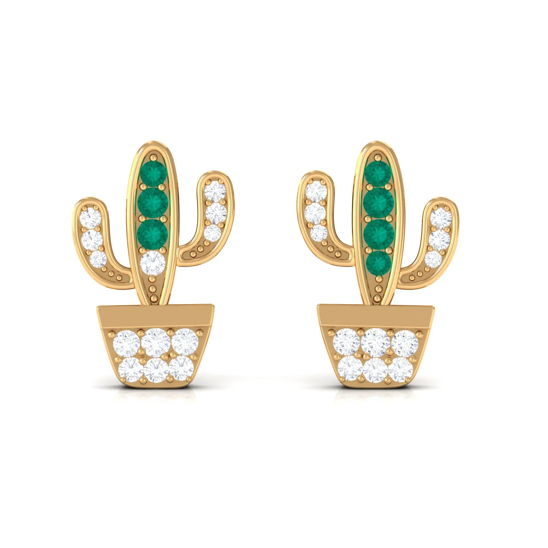 Cactus Stud Earrings with Emerald and Diamond Stones