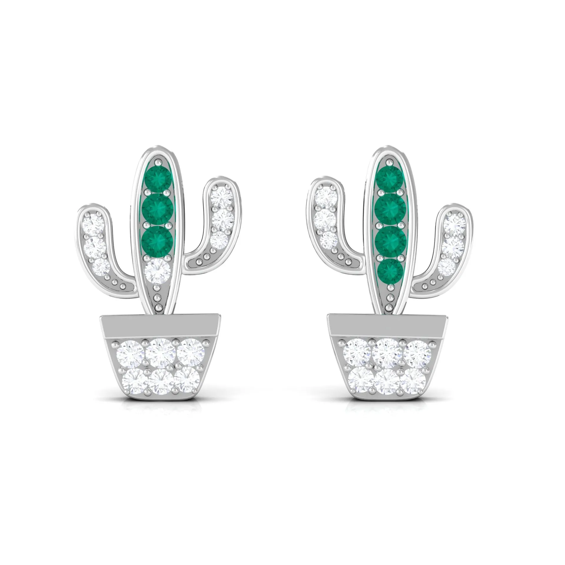 Cactus Stud Earrings with Emerald and Diamond Stones