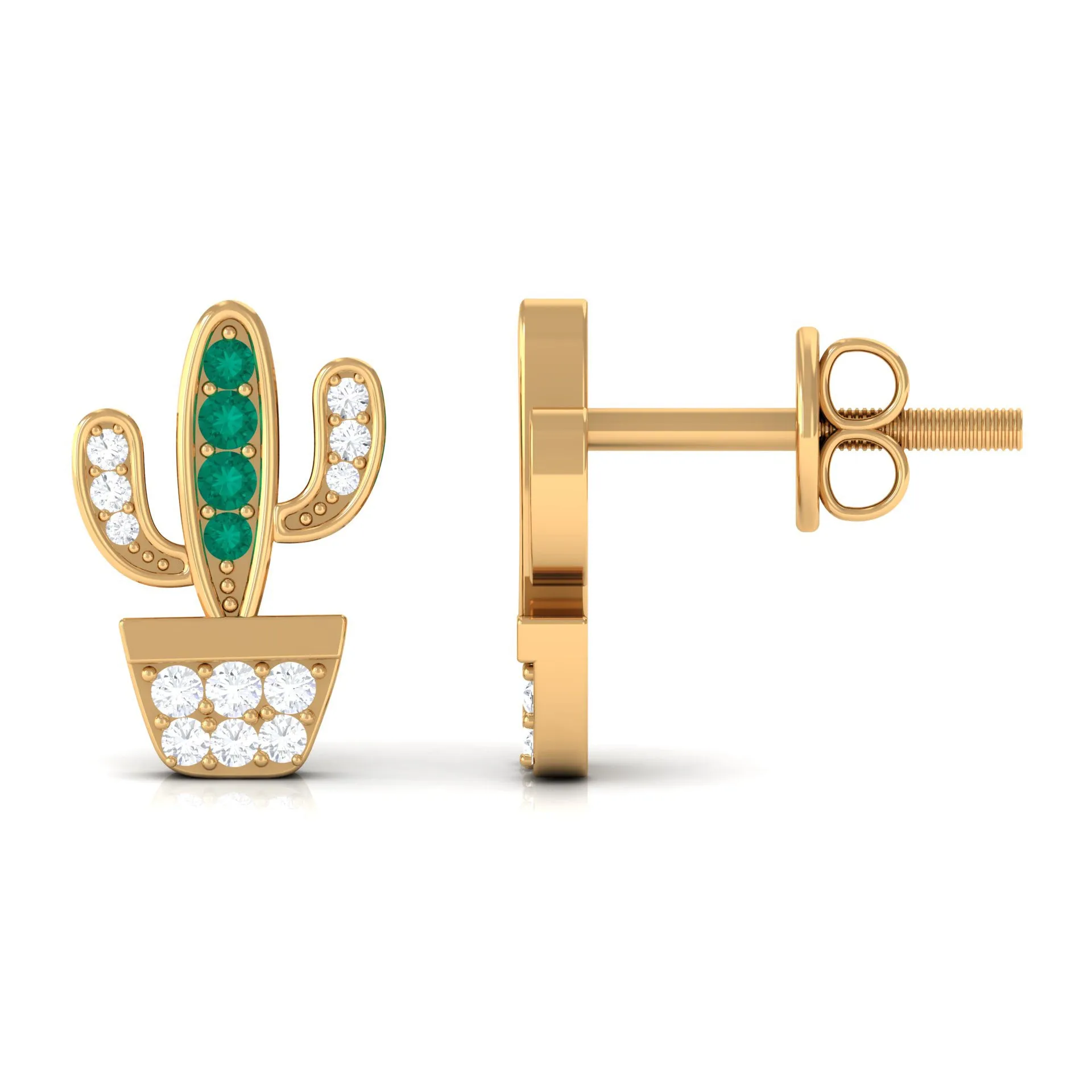 Cactus Stud Earrings with Emerald and Diamond Stones