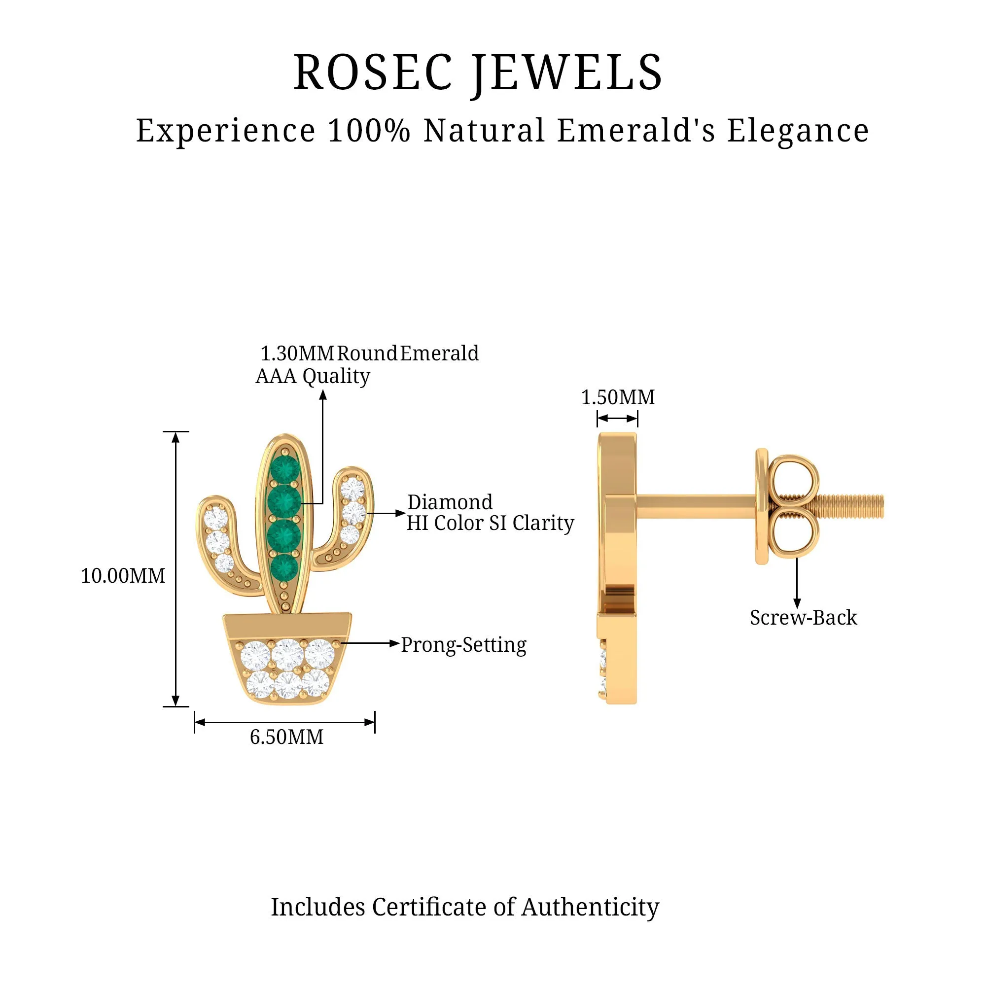 Cactus Stud Earrings with Emerald and Diamond Stones