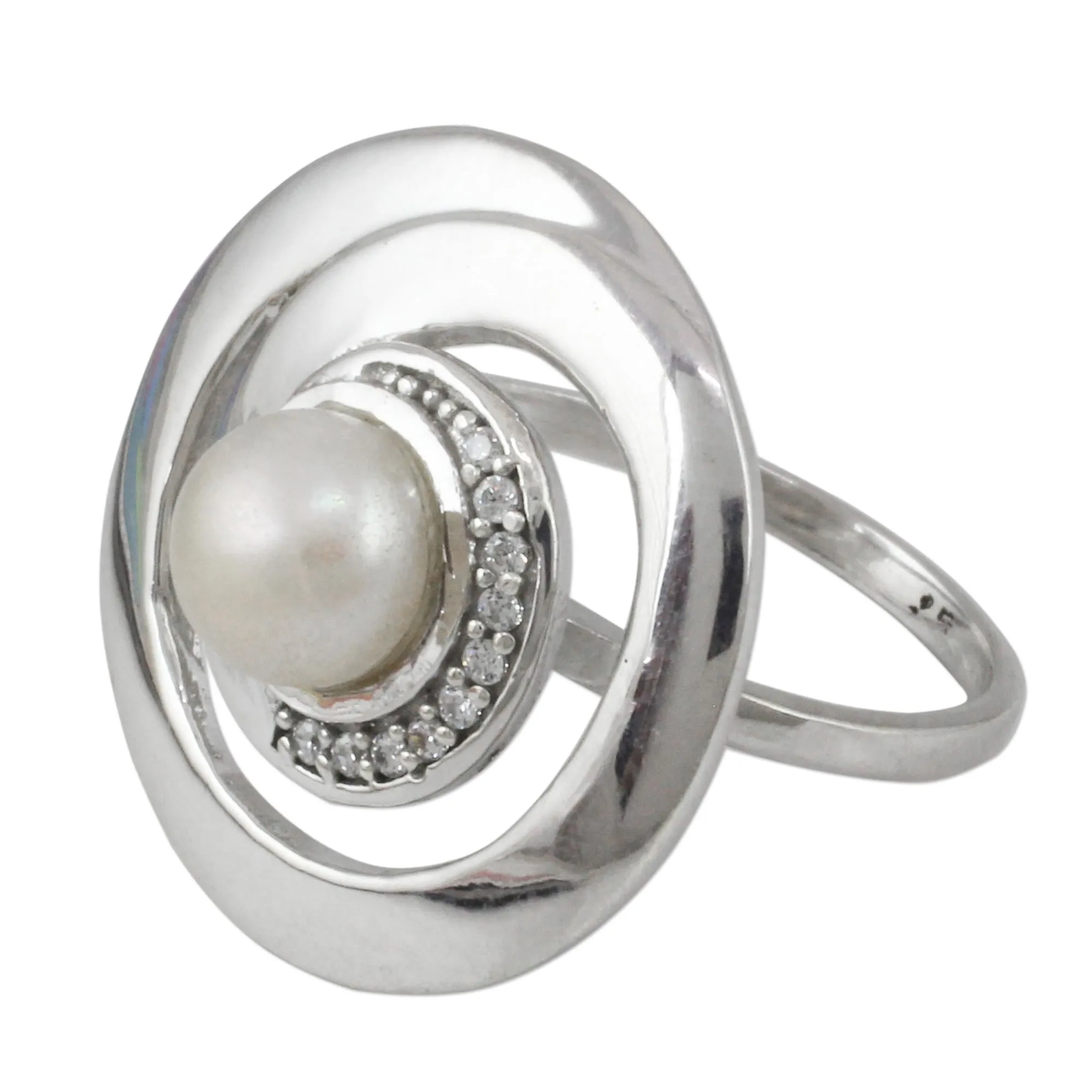 Contemporary Silver Cultured Pearl Ring with Cubic Zirconia - Peaceful Allure | NOVICA