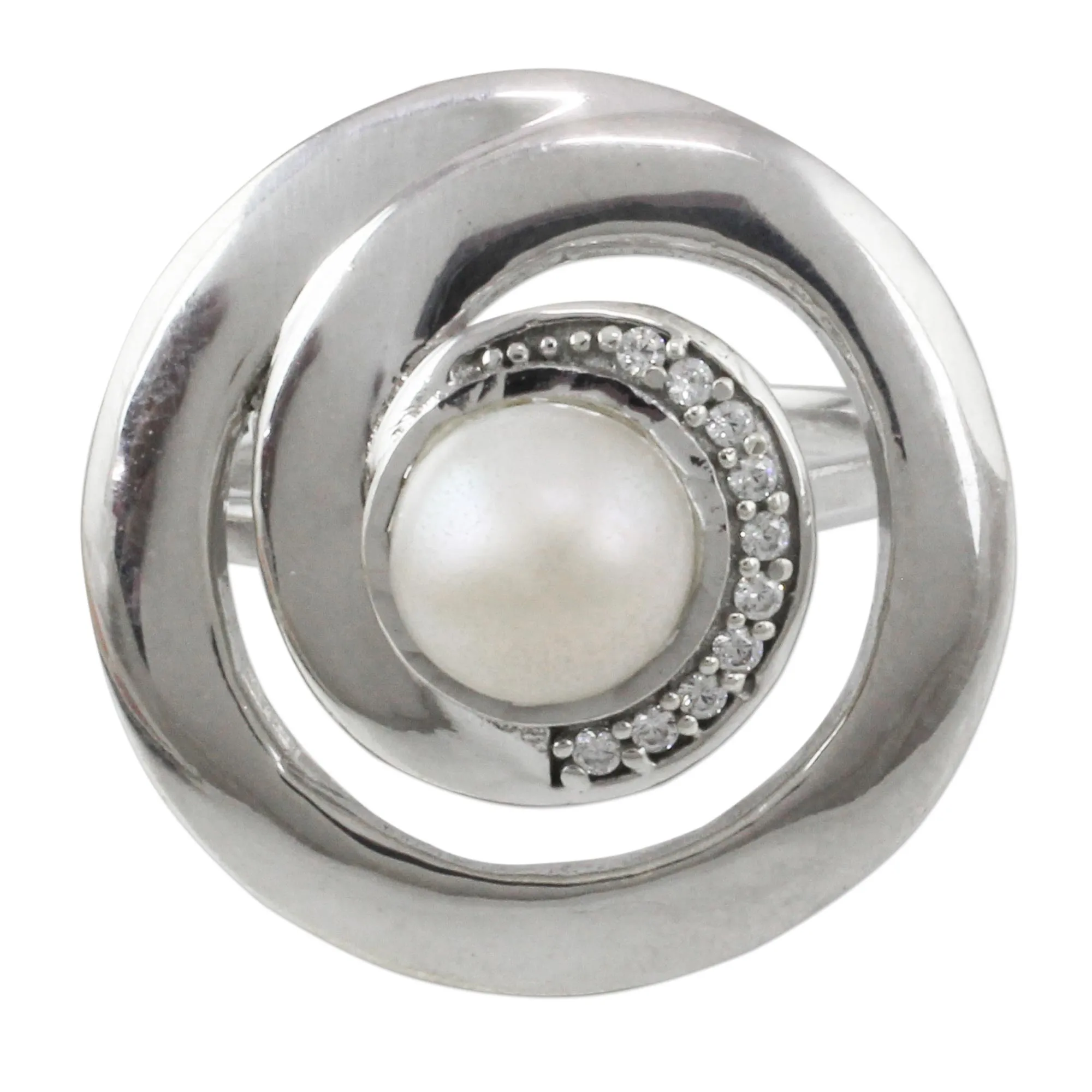 Contemporary Silver Cultured Pearl Ring with Cubic Zirconia - Peaceful Allure | NOVICA
