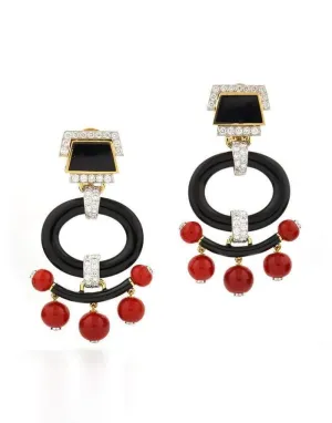 Coral and Black Enamel Pagoda Earrings