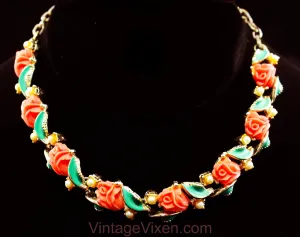 Coral Pink Roses 50s Necklace - Sweet Feminine Spring Summer 1950s 60s Molded Plastic Flowers Jewelry - Jade Green Leaves & Silver Metal