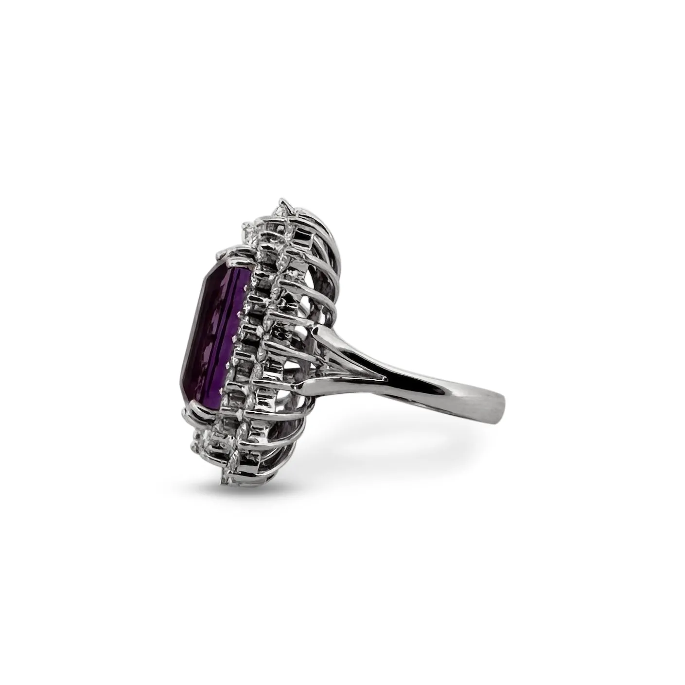 Cushion Cut Amethyst with Diamond Double Halo Cocktail Ring in 14k White Gold