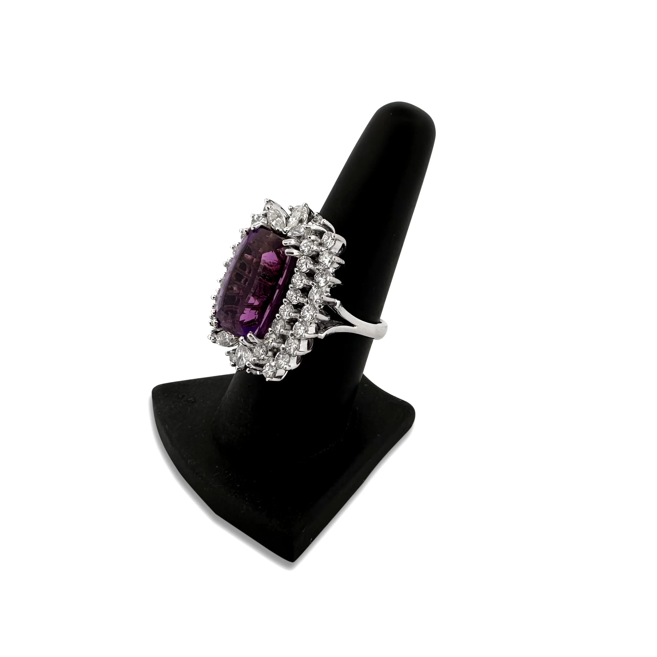 Cushion Cut Amethyst with Diamond Double Halo Cocktail Ring in 14k White Gold