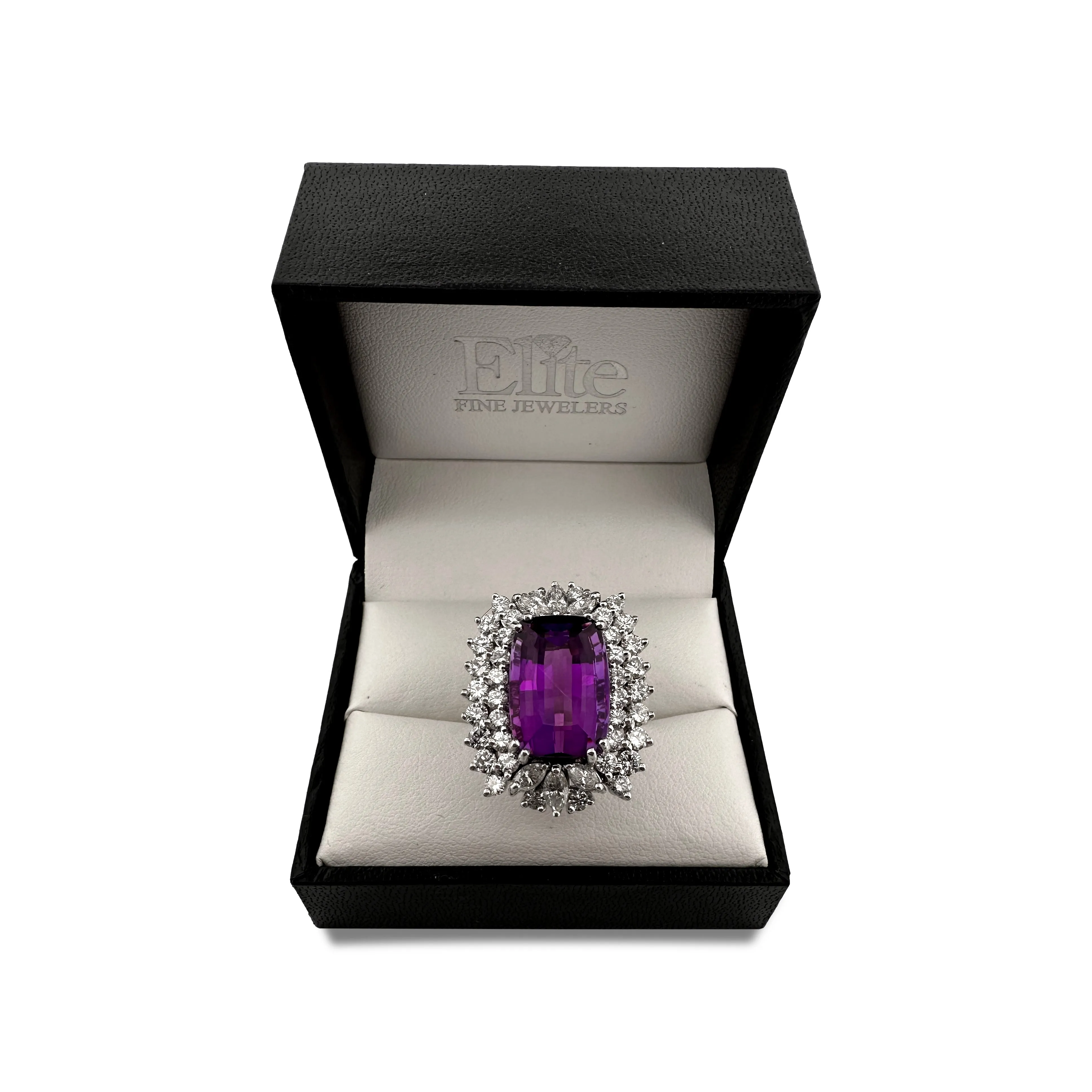 Cushion Cut Amethyst with Diamond Double Halo Cocktail Ring in 14k White Gold