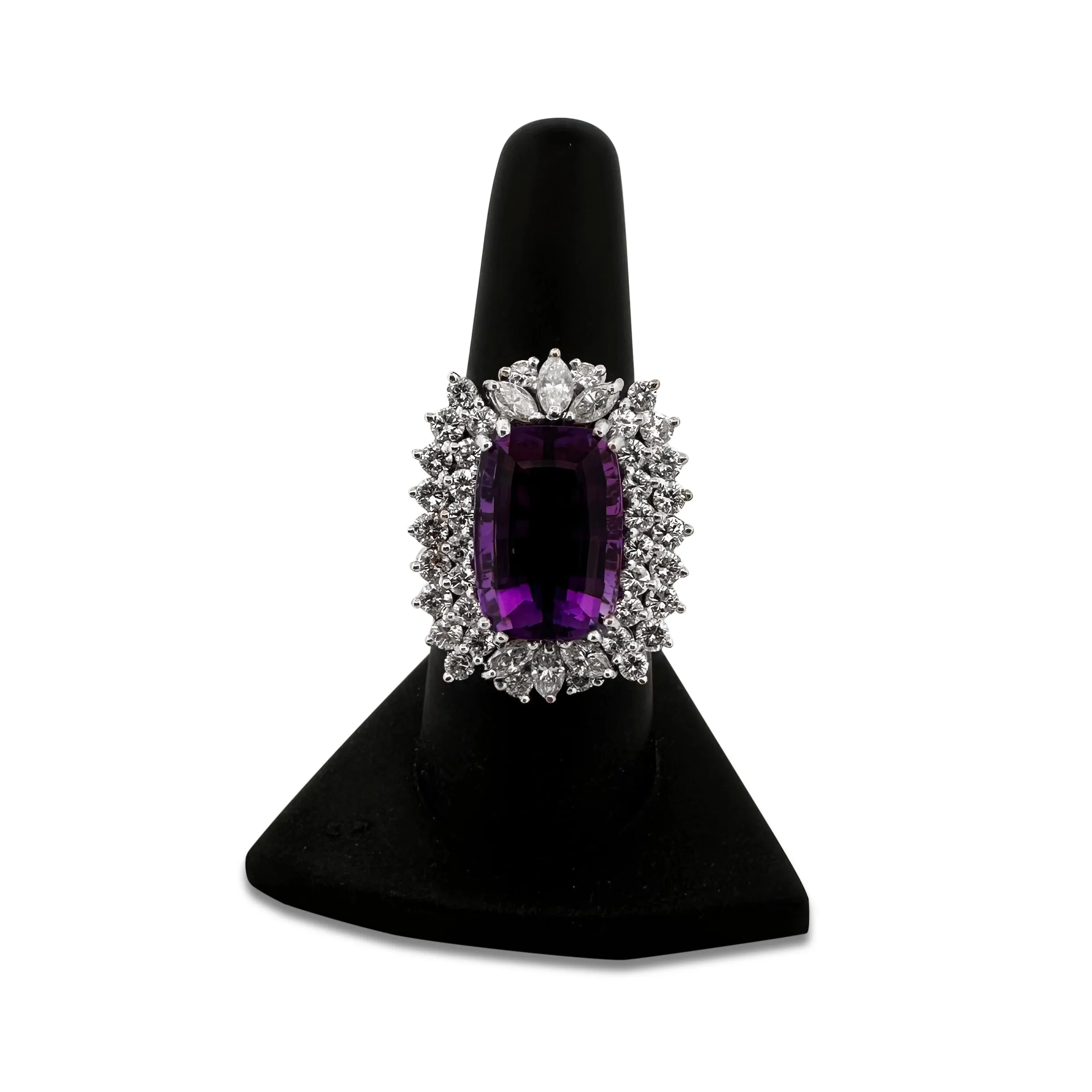 Cushion Cut Amethyst with Diamond Double Halo Cocktail Ring in 14k White Gold