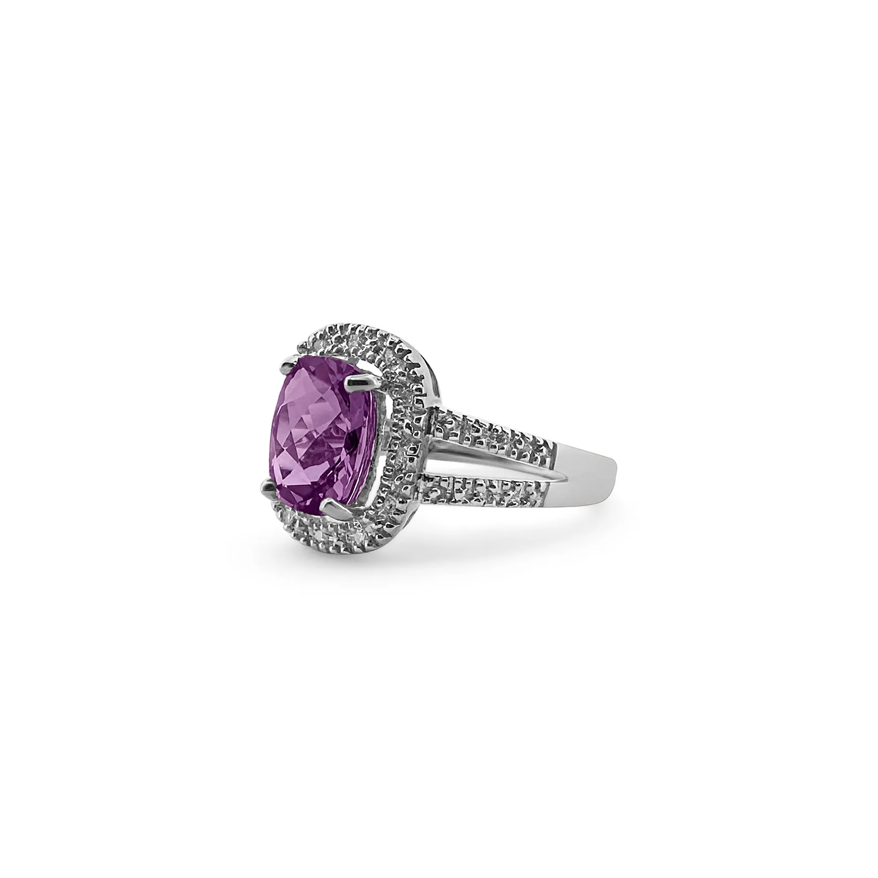Cushion Cut Amethyst with Diamond Halo Cocktail Ring in 10k White Gold