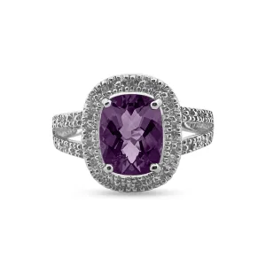 Cushion Cut Amethyst with Diamond Halo Cocktail Ring in 10k White Gold