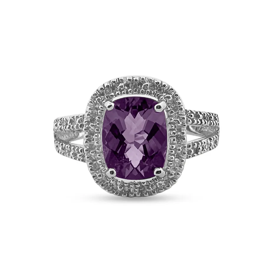 Cushion Cut Amethyst with Diamond Halo Cocktail Ring in 10k White Gold