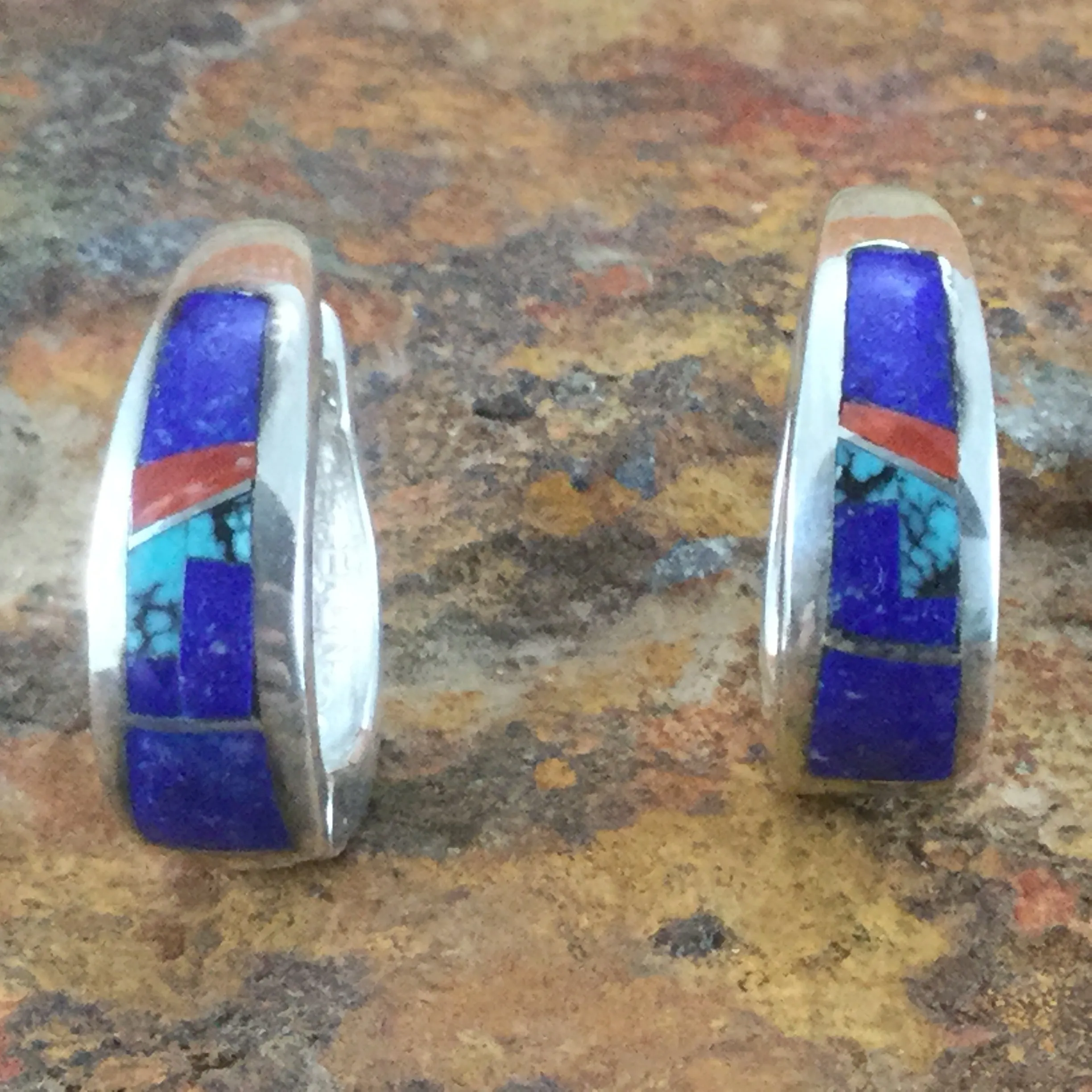 David Rosales Ceremonial Inlaid Sterling Silver Earrings Huggies