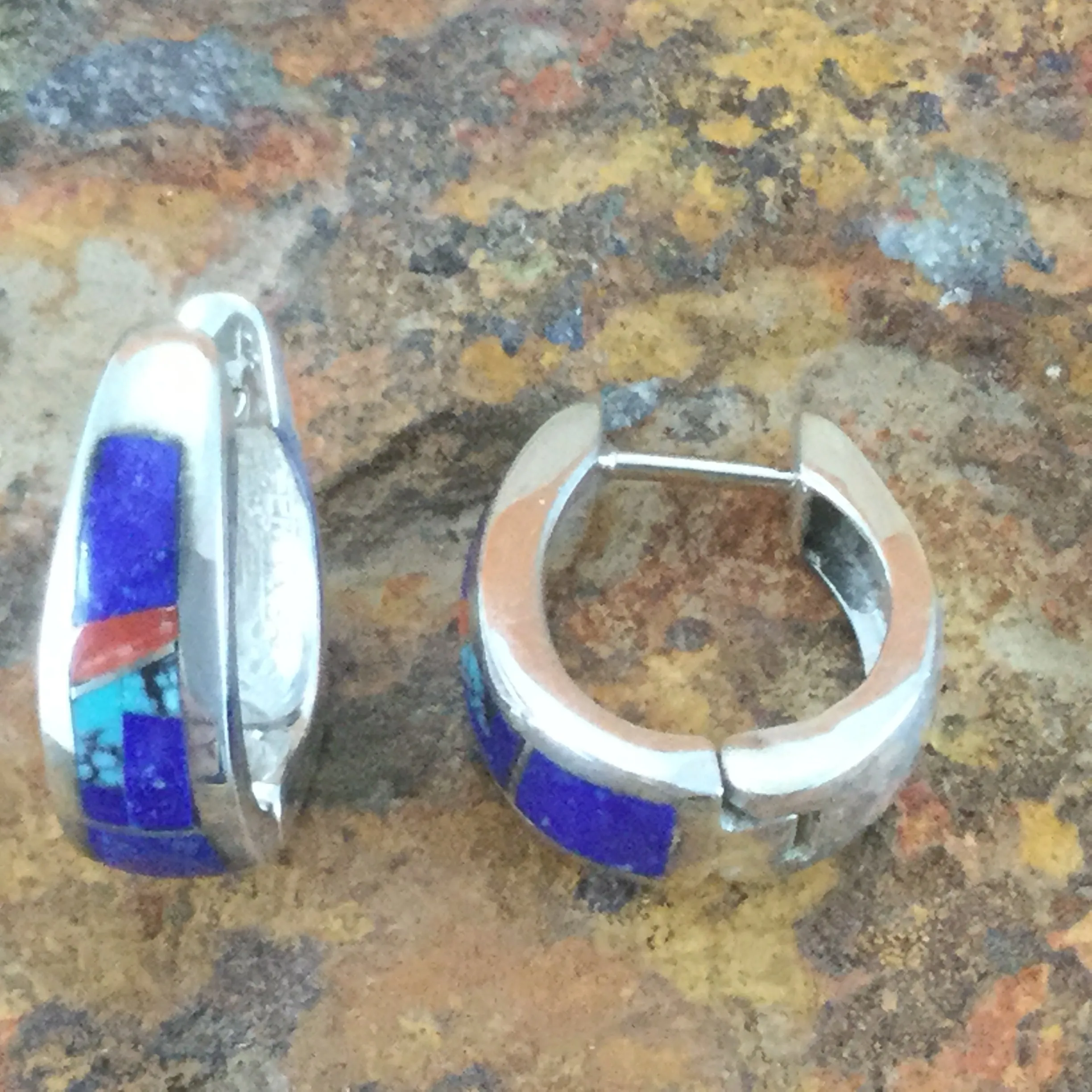 David Rosales Ceremonial Inlaid Sterling Silver Earrings Huggies