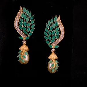 Dazzling Trendy Boutique style Green Zircon (CZ) stone Earring with Pearl dangler