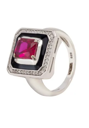 Deco Ruby & Enamel Ring Silver