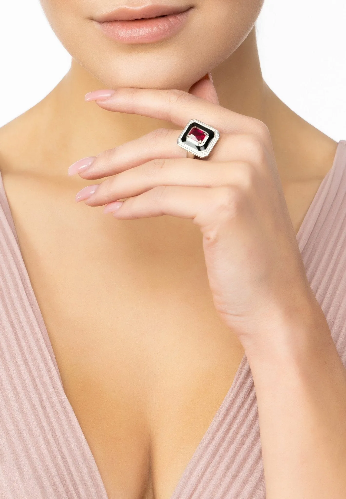 Deco Ruby & Enamel Ring Silver