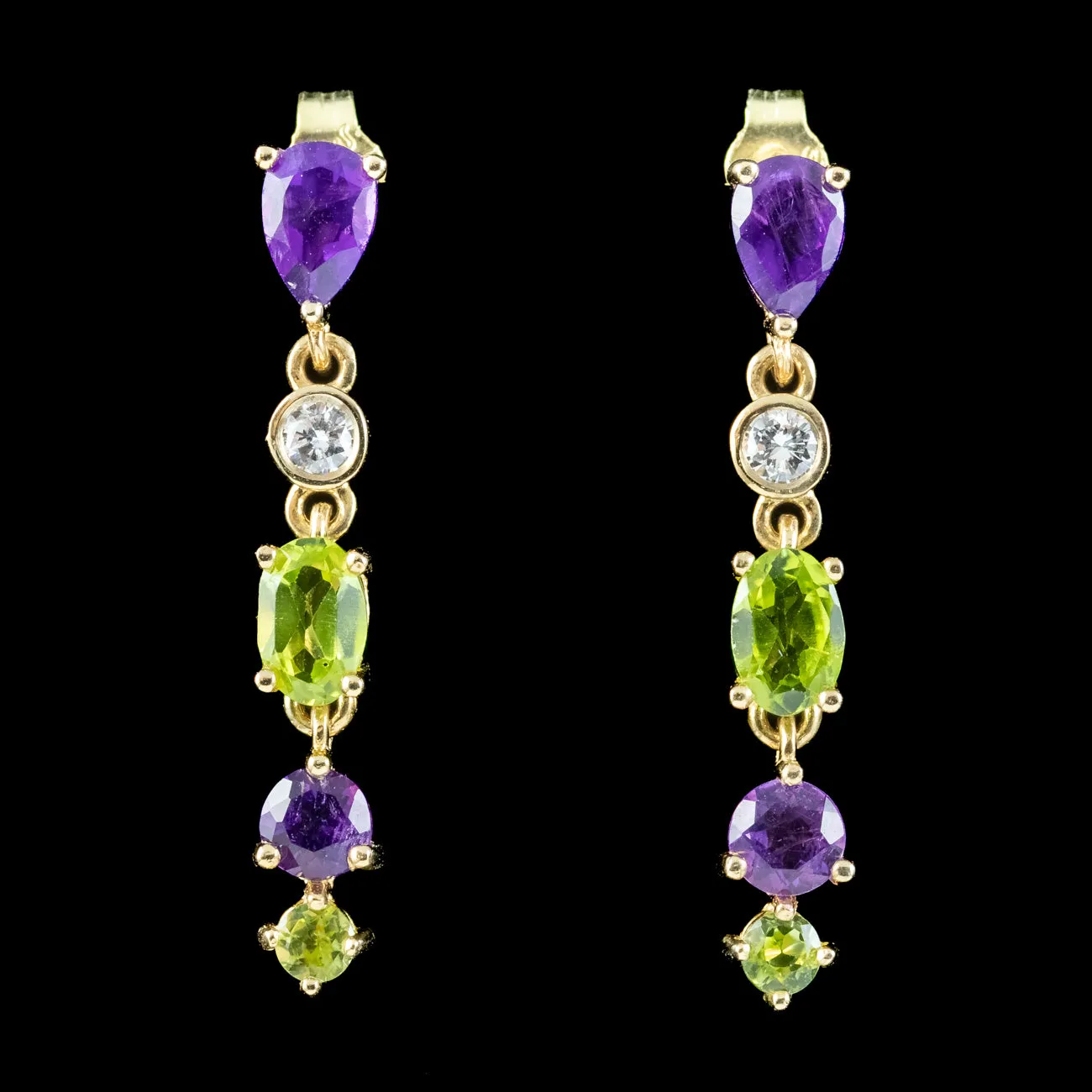 Edwardian Suffragette Style Drop Earrings 9ct Gold Amethyst Peridot Diamond