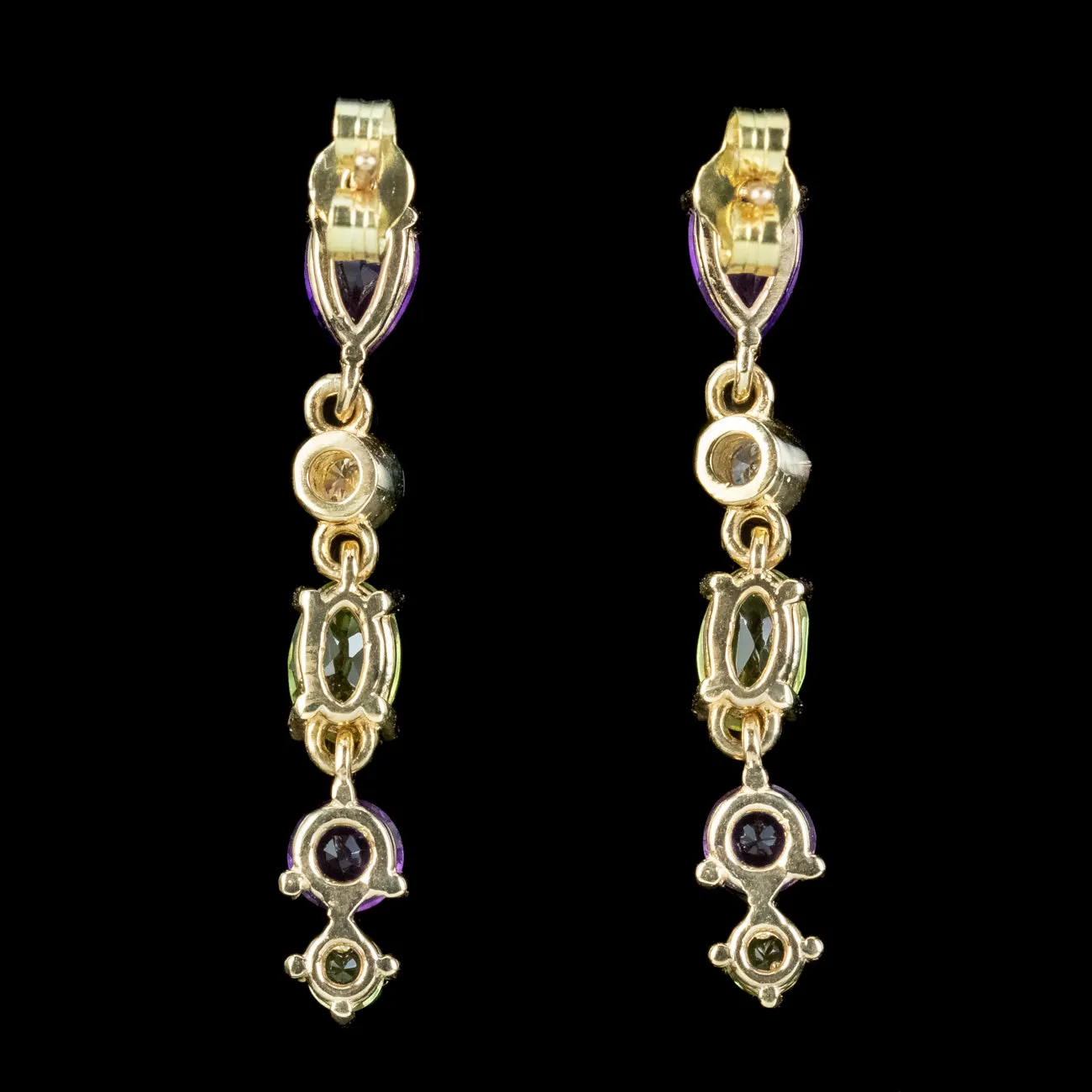 Edwardian Suffragette Style Drop Earrings 9ct Gold Amethyst Peridot Diamond