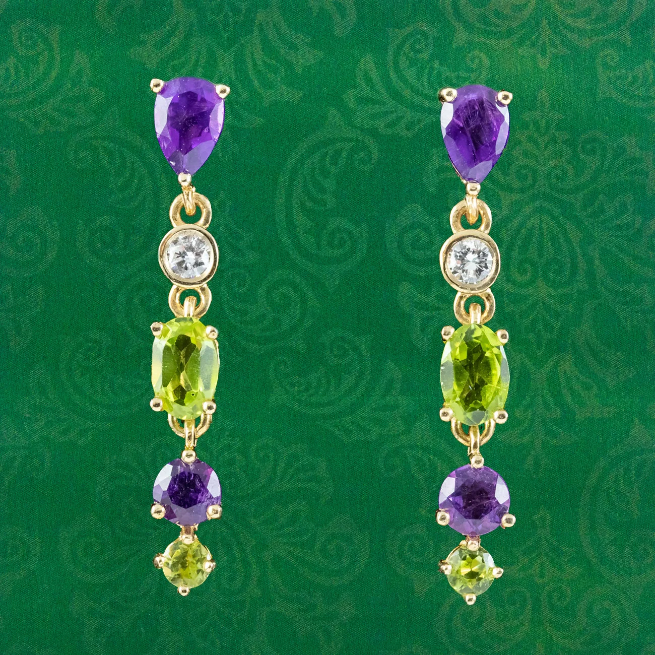 Edwardian Suffragette Style Drop Earrings 9ct Gold Amethyst Peridot Diamond
