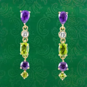 Edwardian Suffragette Style Drop Earrings 9ct Gold Amethyst Peridot Diamond