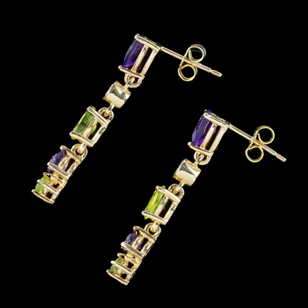 Edwardian Suffragette Style Drop Earrings 9ct Gold Amethyst Peridot Diamond