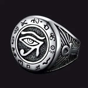Egyptian Eye of Horus Signet Ring with Ankh Cross for Men