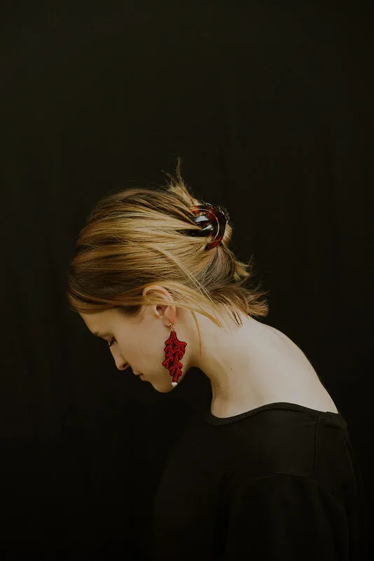 Embroidered Coral Earrings