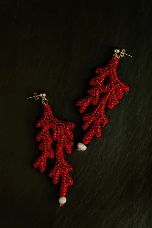 Embroidered Coral Earrings