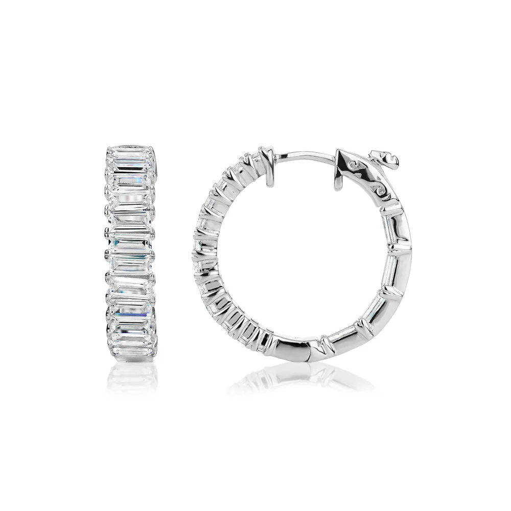 Emerald Cut hoop earrings with 12.32 carats* of diamond simulants in sterling silver