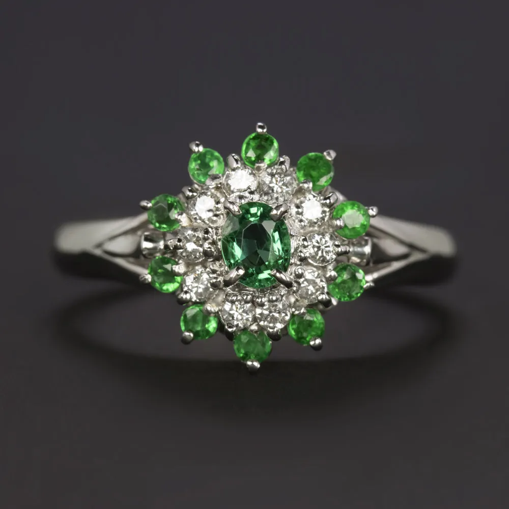 EMERALD DIAMOND COCKTAIL RING PLATINUM BALLERINA CLUSTER NATURAL HALO 0.52ct
