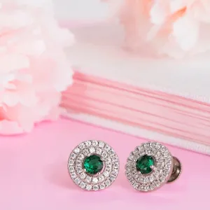 Emerald Solitaire Sparkle Rhodium-Plated CZ 925 Sterling Silver Earrings